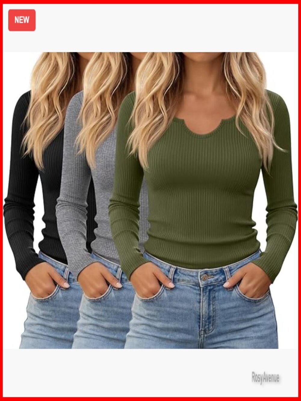 3 Ribbed Long Sleeve Scoop Neck Tees Slim Fit Layering Tops